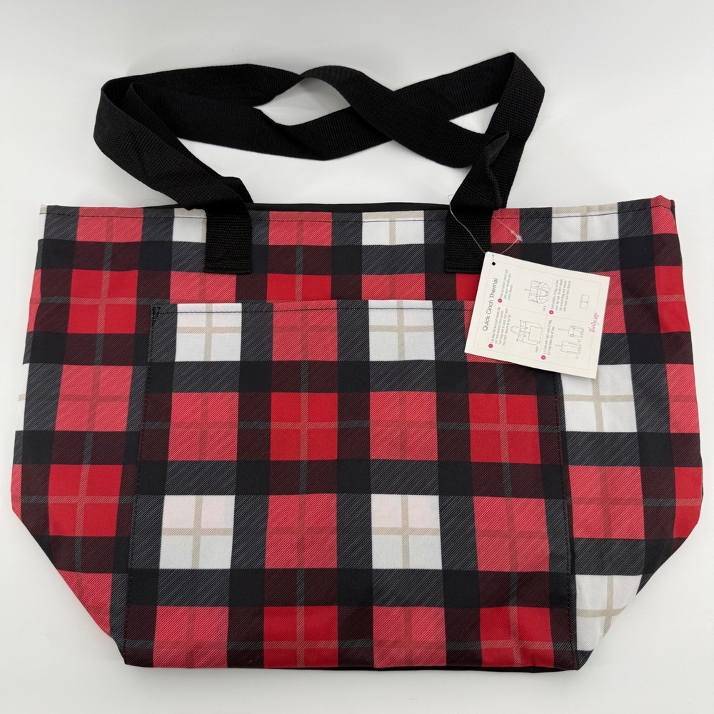 Thirty-One Quick Cinch Thermal‎ Bag Red Black Buffalo Plaid Insulated Tote NEW